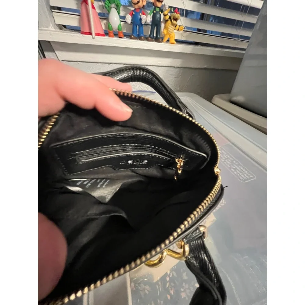 Bebe Black Mini Dome‎ Satchel Crossbody Bag Gold Logo Chain Textured Handbag
